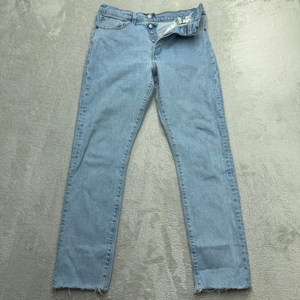 Levis 501 Original Fit Mens 30x30 Light Wash Blue Denim Raw Hem Straight Jeans